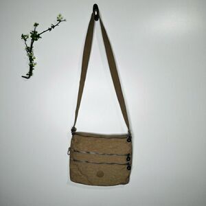 Kipling Cream Tan Fabric Purse Crossbody Shoulder Bag Zippered Pockets